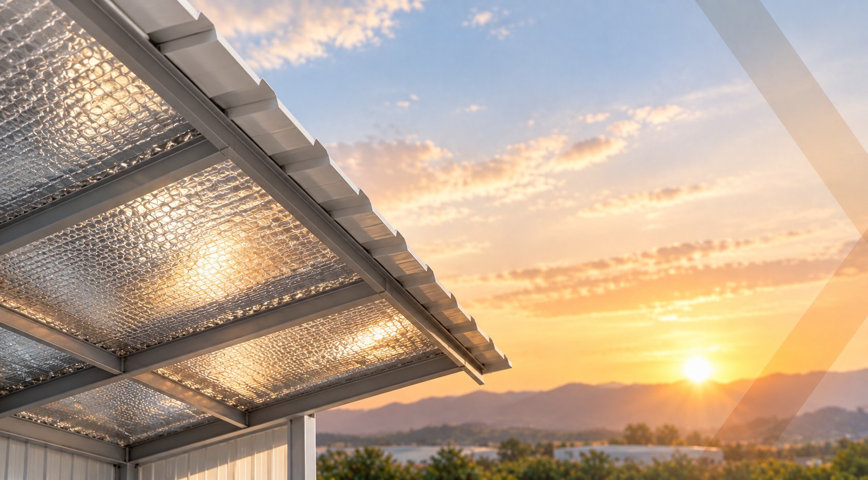 Solar panels mounted on a structure at sunset with mountains and golden sky in the background