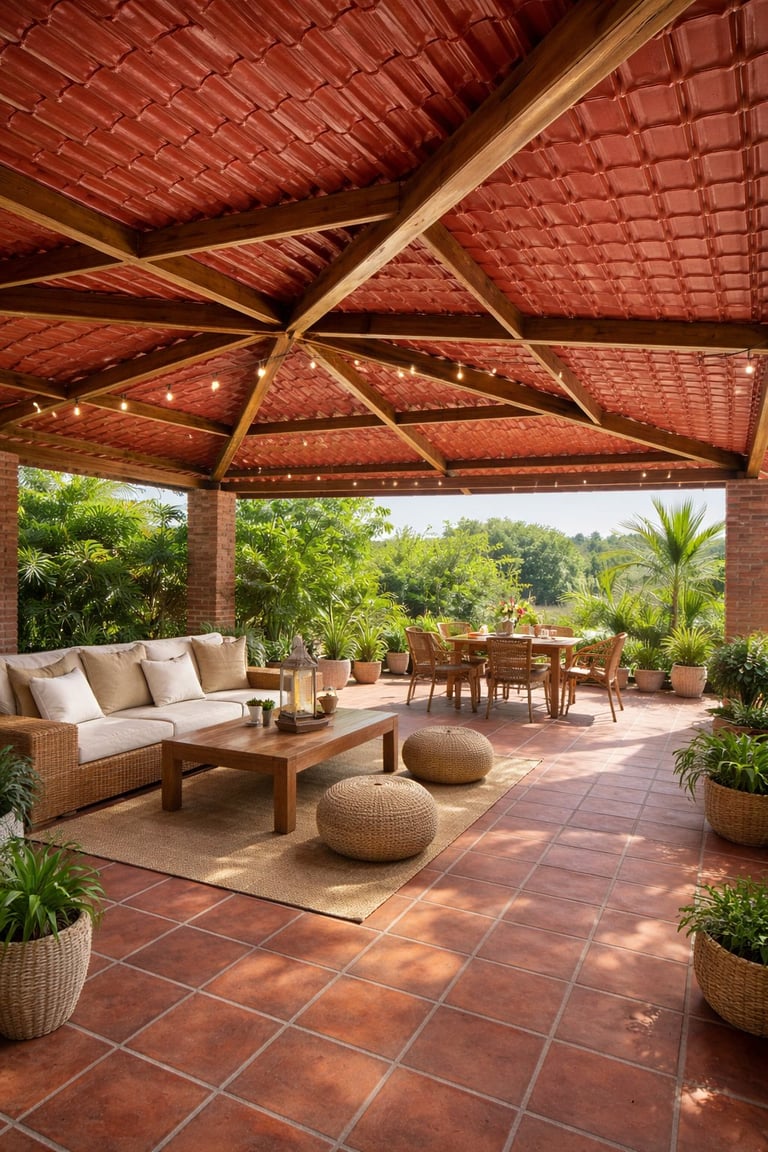 A covered terracotta patio with wooden beamed ceiling, wicker furniture, potted plants, and scenic garden views.