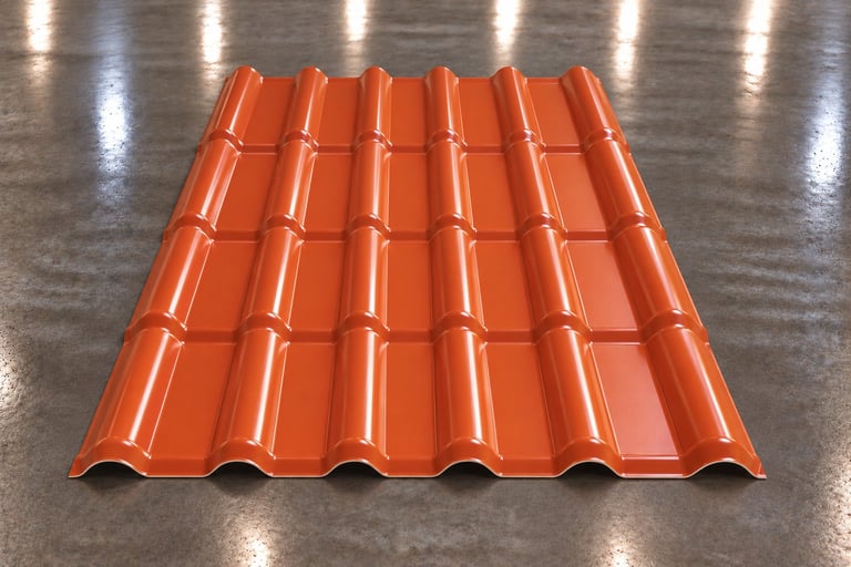 A sheet of corrugated red metal roofing tiles displayed on a polished concrete floor under bright lighting