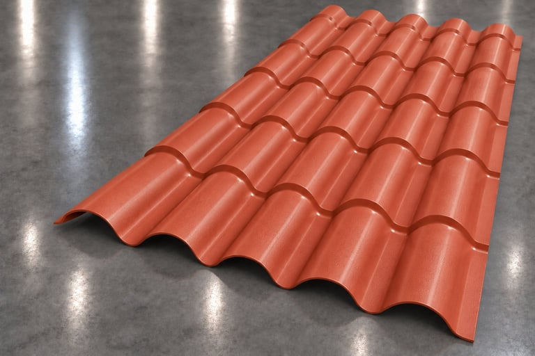 Red curved tile roofing material displayed on a metallic surface, showing overlapping shingle pattern and three-dimensional profile