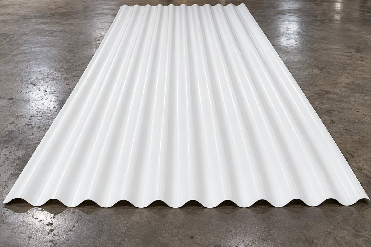 White corrugated metal roofing sheet with wavy ridges lying on a concrete floor