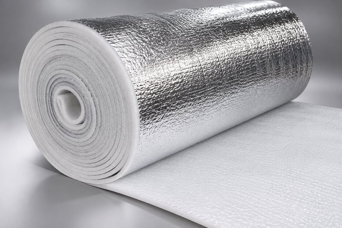 Roll of silver metallic foam insulation material with white backing partially unrolled on gray surface