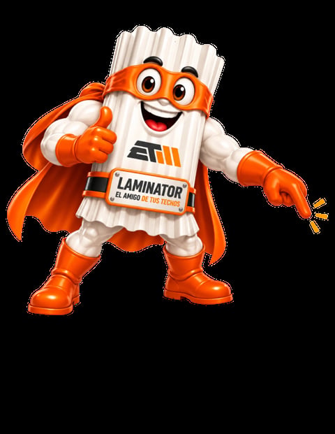 Cheerful orange and white superhero character mascot wearing cape and boots, labeled Laminator, giving thumbs up