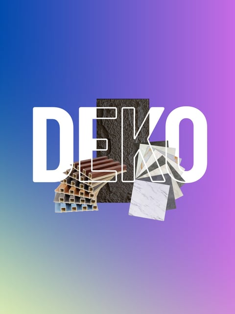 DEKO text with interior design imagery and gradient blue to pink background