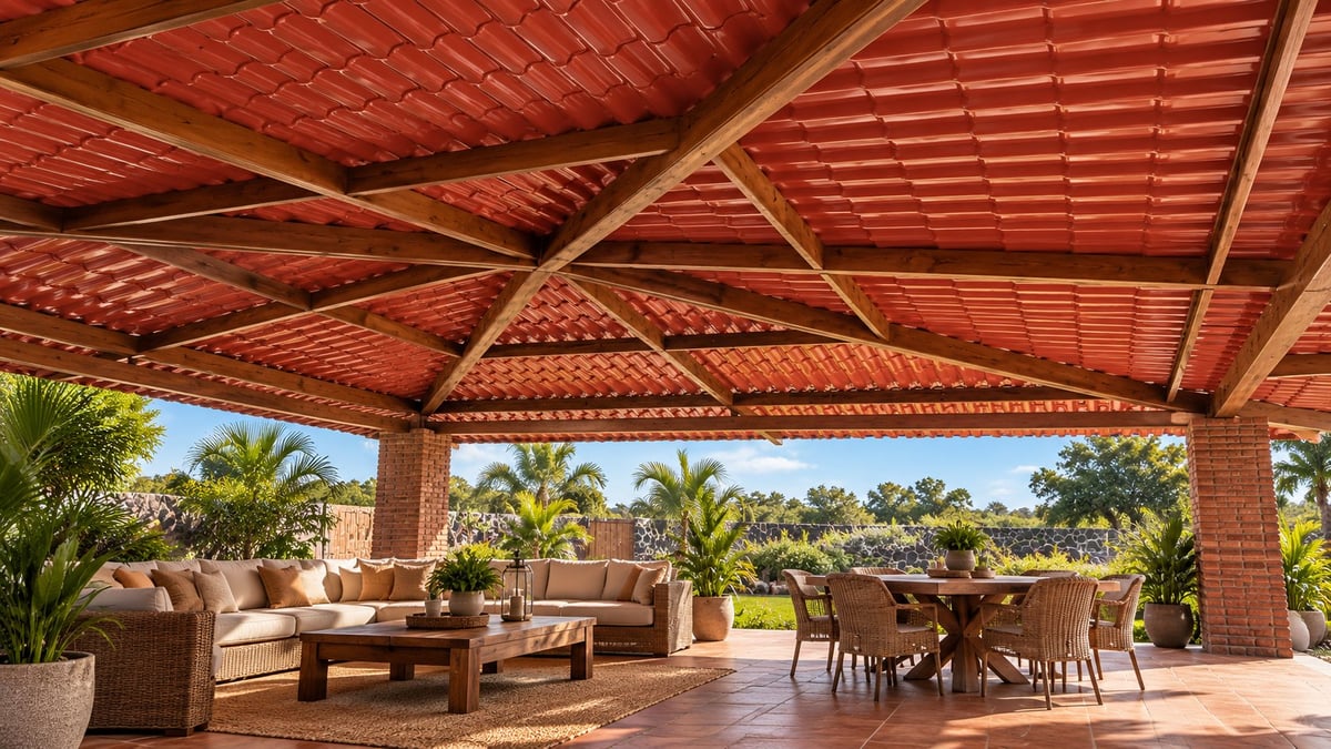 Covered outdoor patio with red metal roof, tan furniture seating area, dining table, potted palms, and tropical landscape view