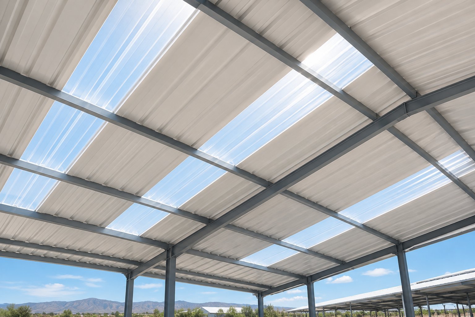 Modern pergola with translucent polycarbonate panels and metal frame, providing shade while allowing natural light, with mountain landscape visible in background