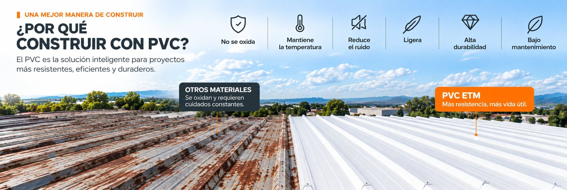 Industrial construction site with PVC materials displayed, showing agricultural fields and manufacturing facilities with informational banners