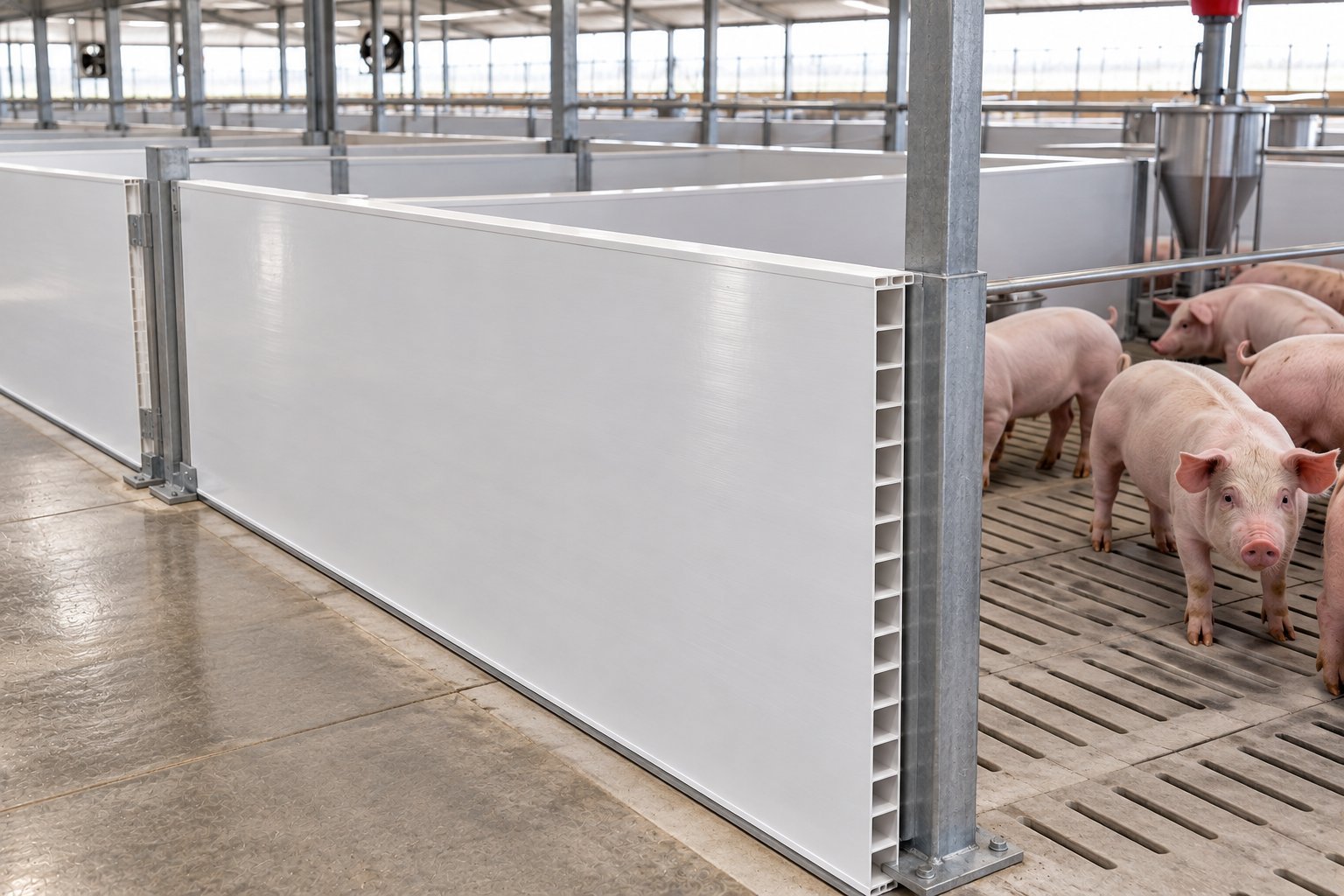 Pigs in modern metal pens with white barriers at an industrial farm facility with concrete flooring