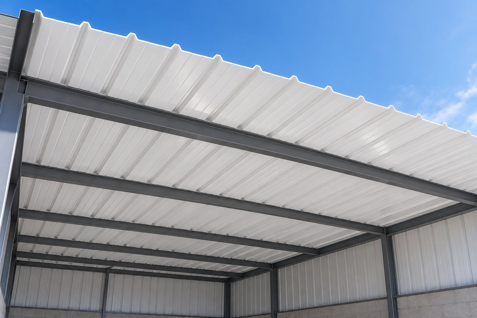 Modern pergola structure with white polycarbonate roof panels and gray steel frame beams against blue sky