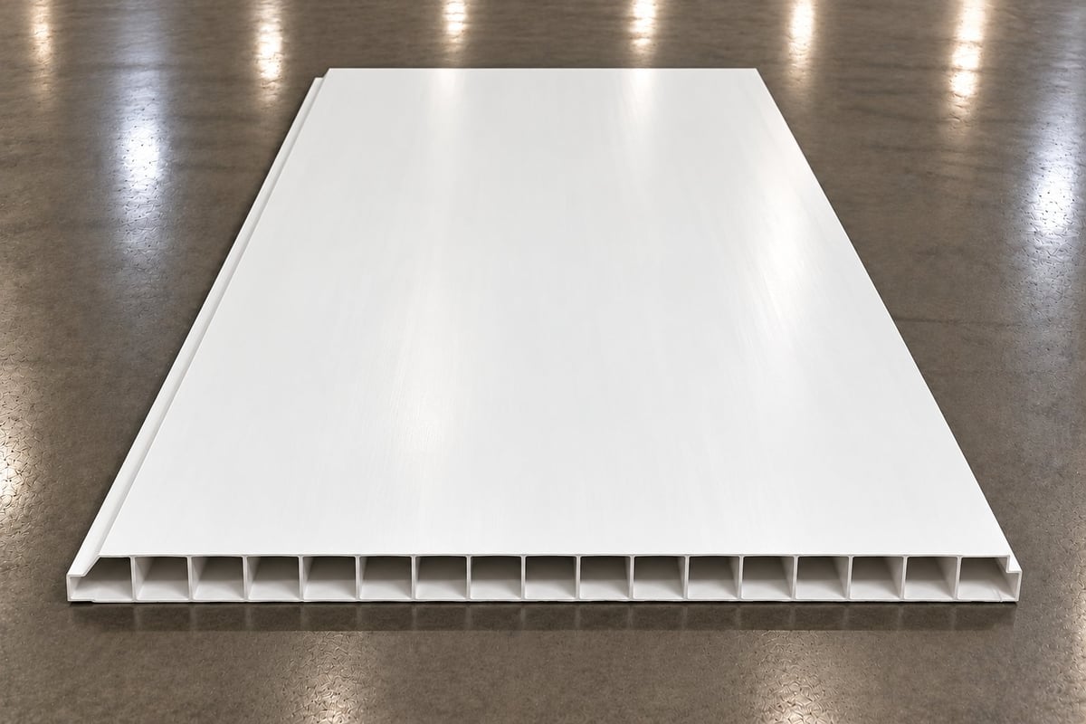 White hollow plastic panel with corrugated interior structure displayed on metallic surface