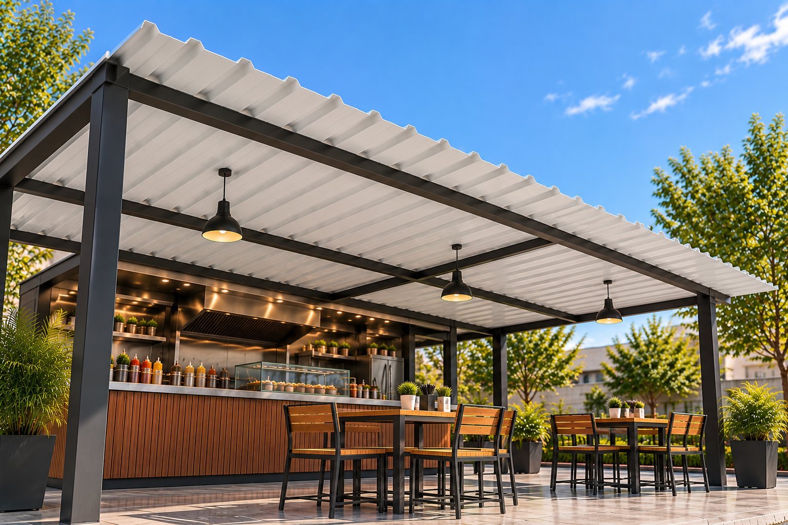 Modern outdoor patio with retractable pergola, bar counter with seating, hanging lights, and surrounding green trees under clear blue sky