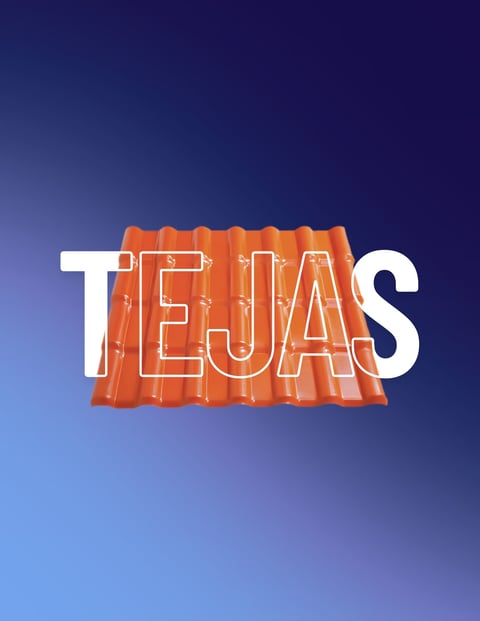 Colorful 3D text spelling TEJAS with orange corrugated metal design on blue gradient background