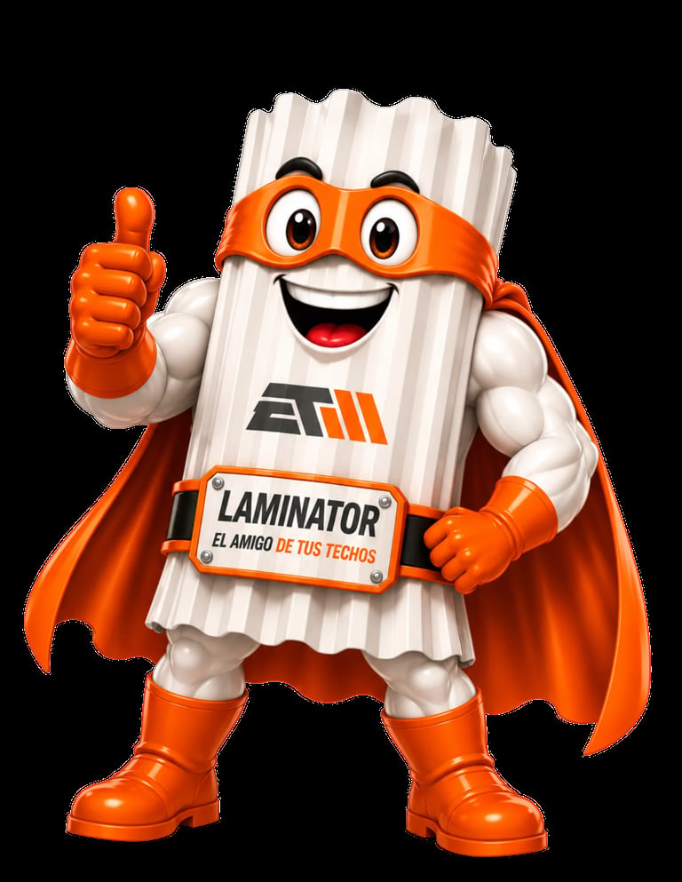 Cartoon mascot character dressed as a superhero with orange cape and mask, featuring a white laminate board body, giving a thumbs up gesture
