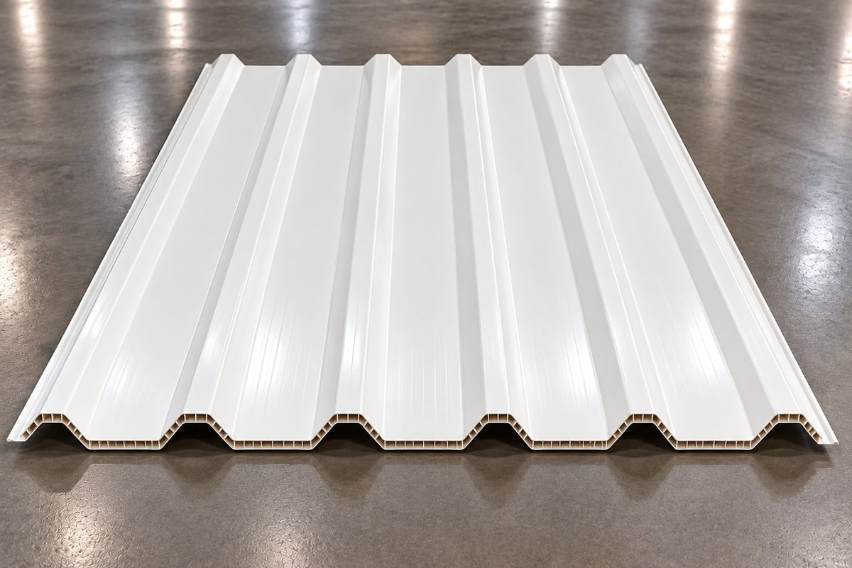 White corrugated metal roofing panel with wavy ridges displayed on a concrete floor