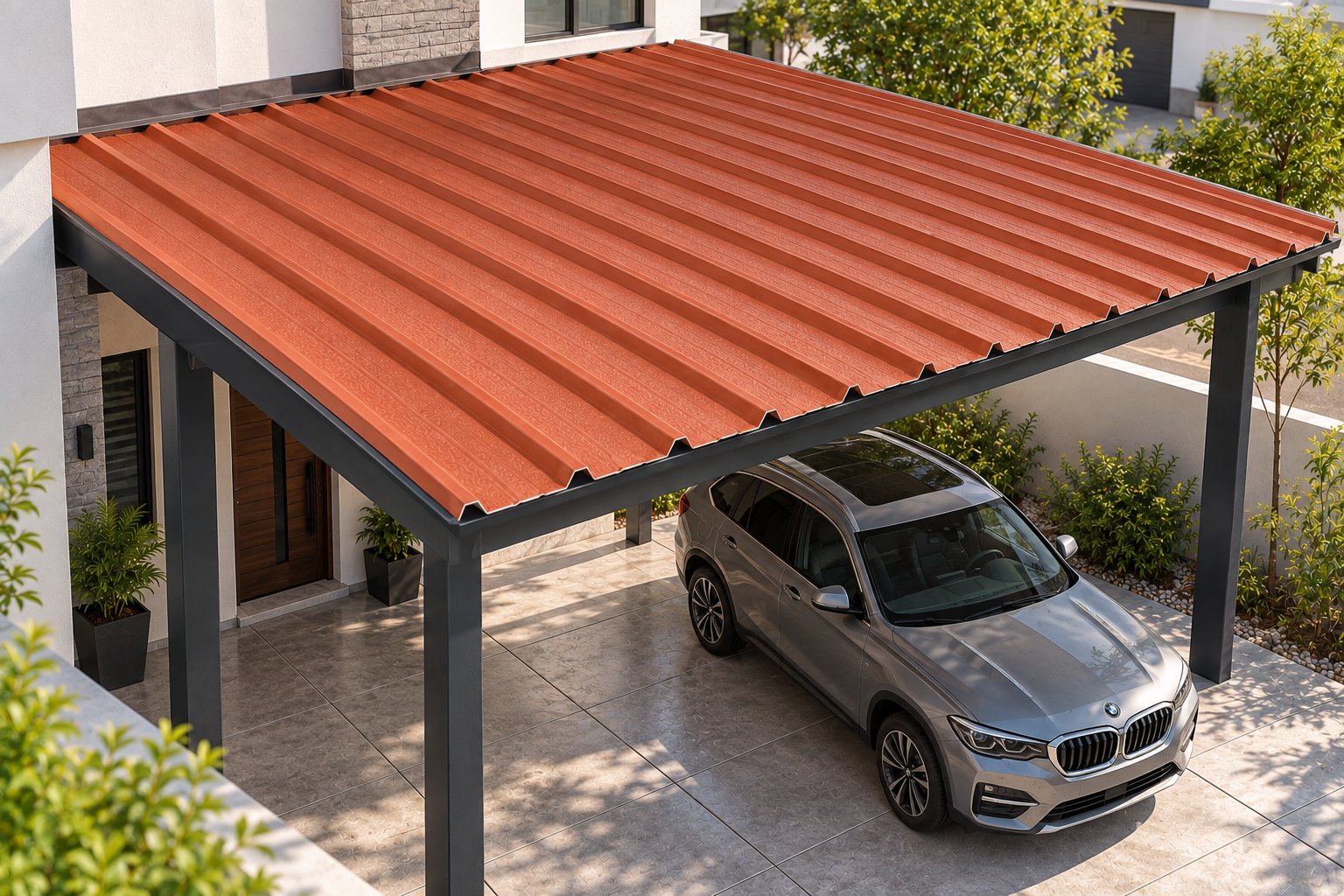 Modern carport with red corrugated metal roof and black frame sheltering a silver BMW SUV in a residential driveway