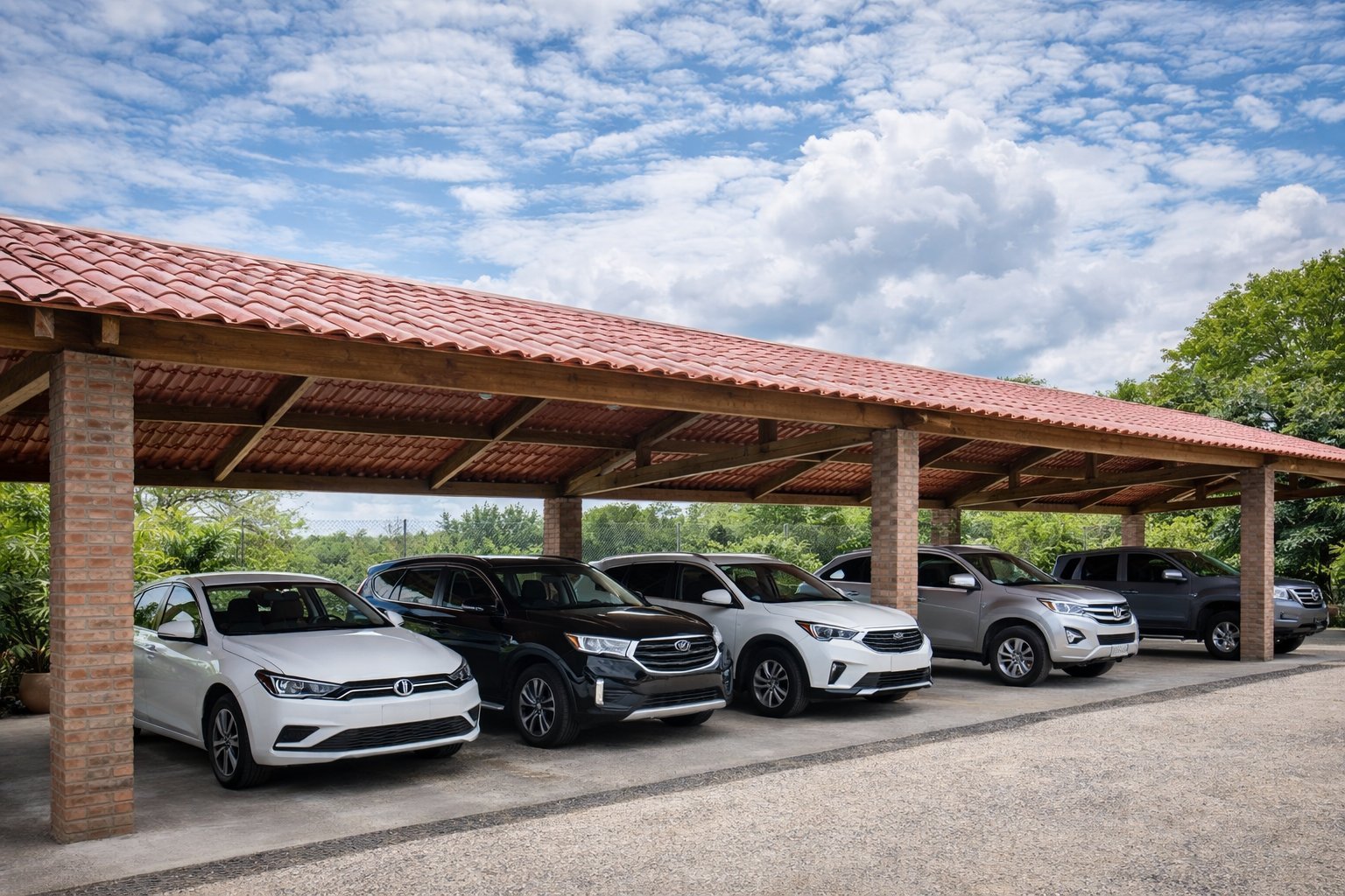 Four parked vehicles under a brick and metal carport structure with blue sky and clouds visible above