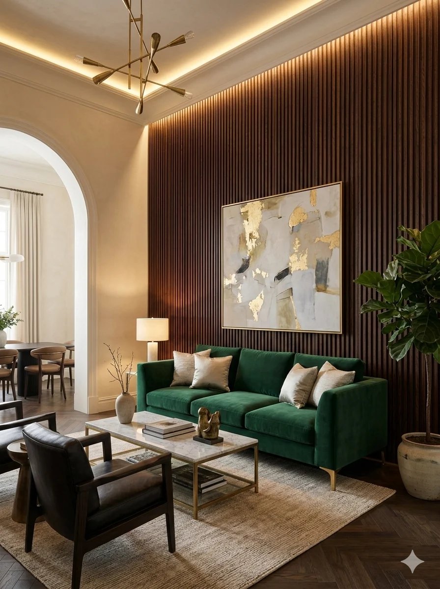 Modern living room with green sofa, black armchair, wood-paneled accent wall, and warm ambient lighting