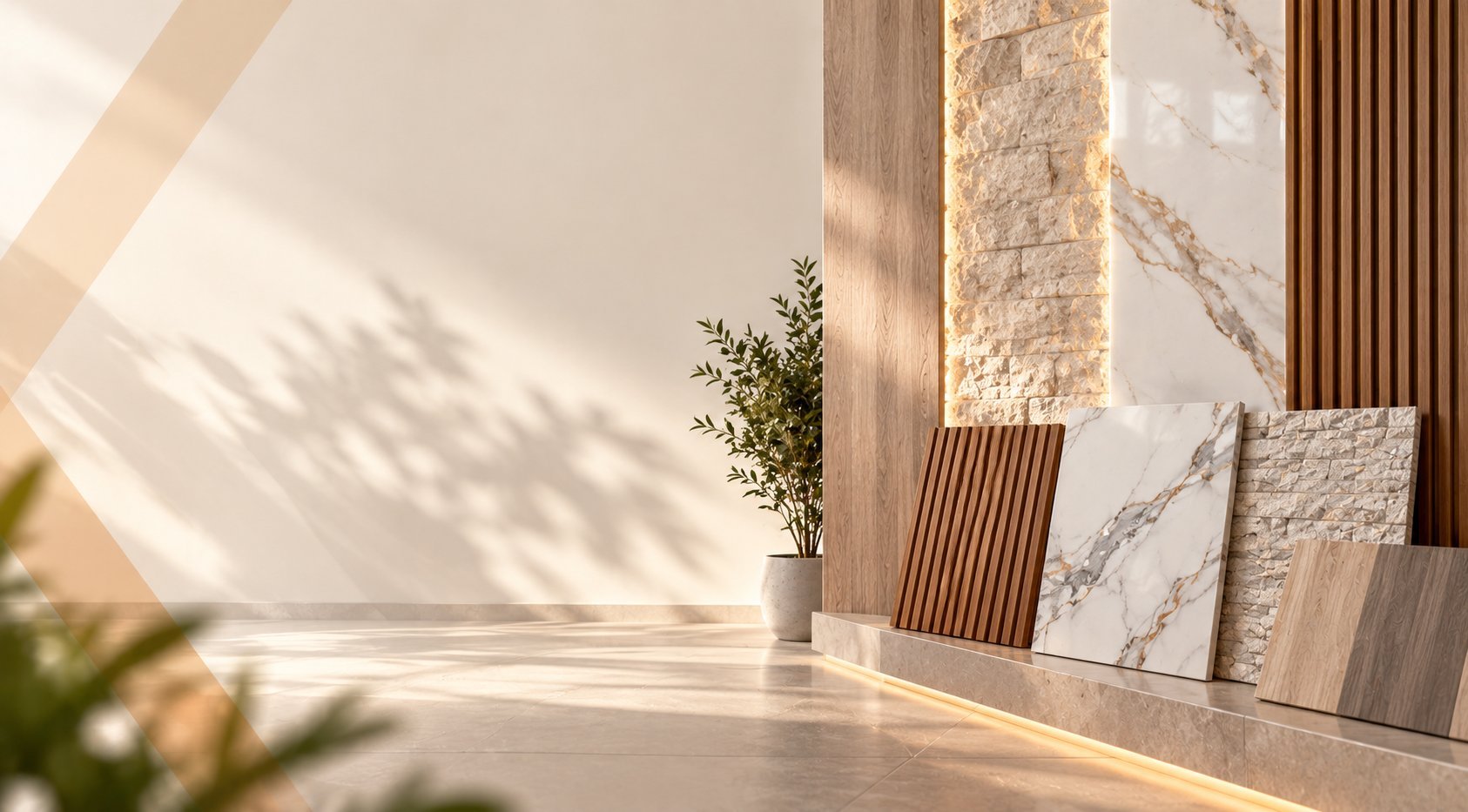 Modern interior showroom with material samples including wood paneling, marble tiles, and stone samples displayed against bright white walls with natural sunlight