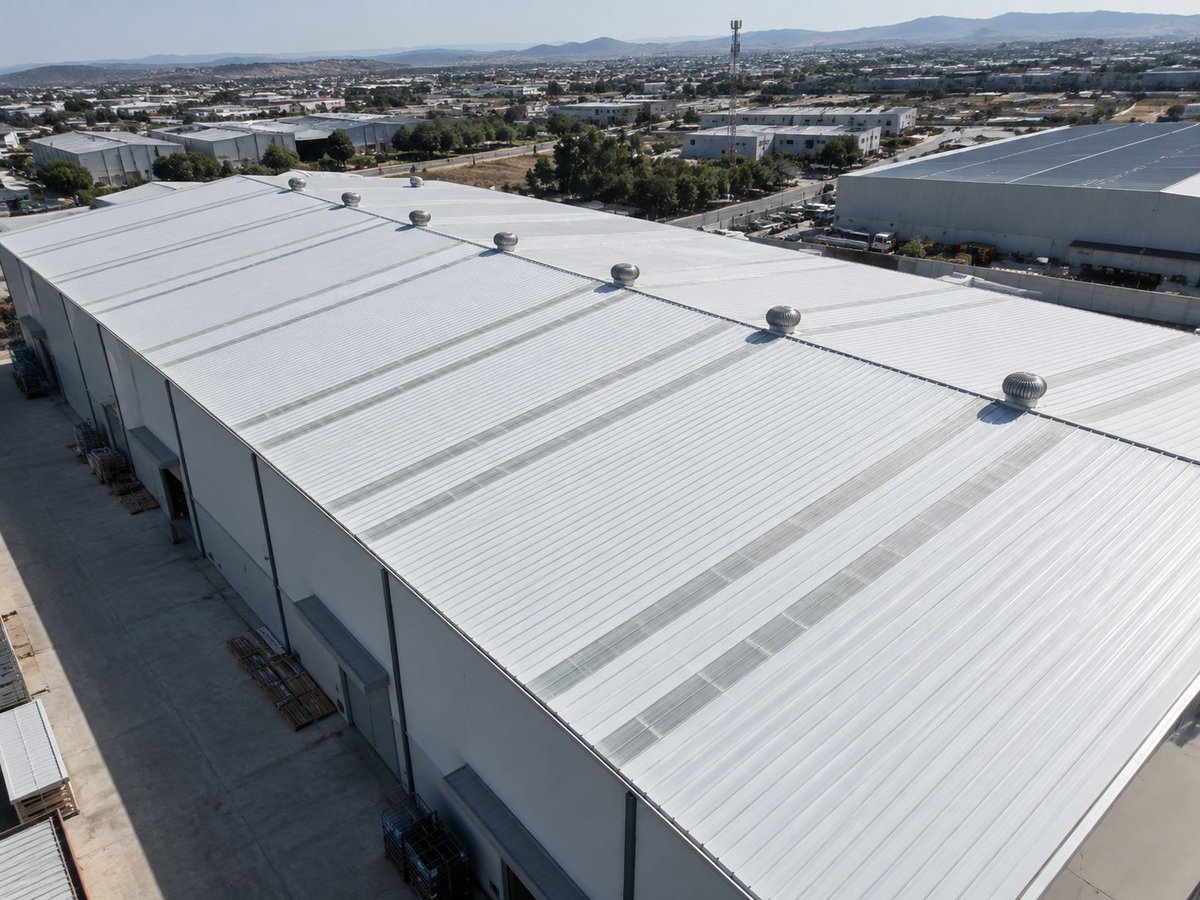 Aerial view of large industrial warehouse roof with white metal panels and roof-mounted equipment, overlooking suburban landscape with mountains in distance