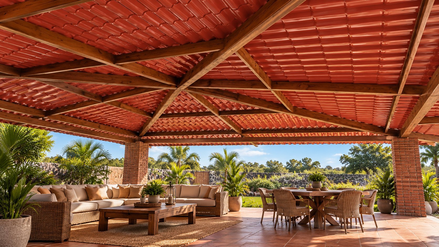 Spacious covered patio with red metal roof, comfortable seating area, and dining table overlooking tropical gardens and landscape.