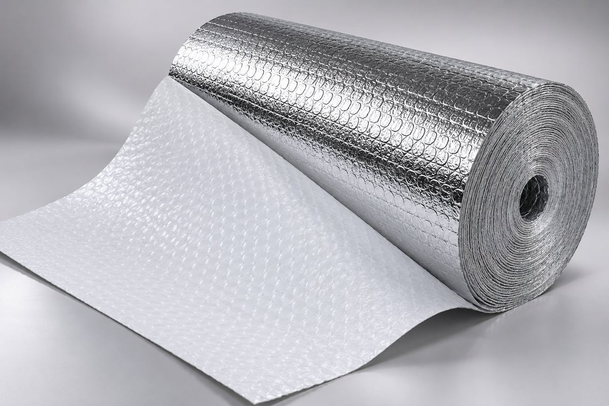 Roll of metallic and white bubble wrap insulation material with reflective surface and bubbled texture, partially unrolled