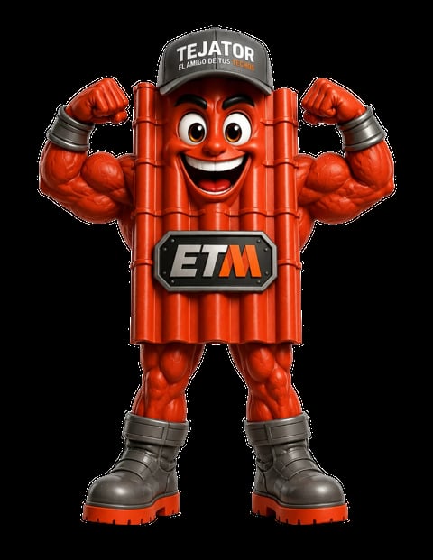 Red cartoon mascot character with muscular arms flexing, wearing a TEJATOR cap, ETM chest badge, and black boots