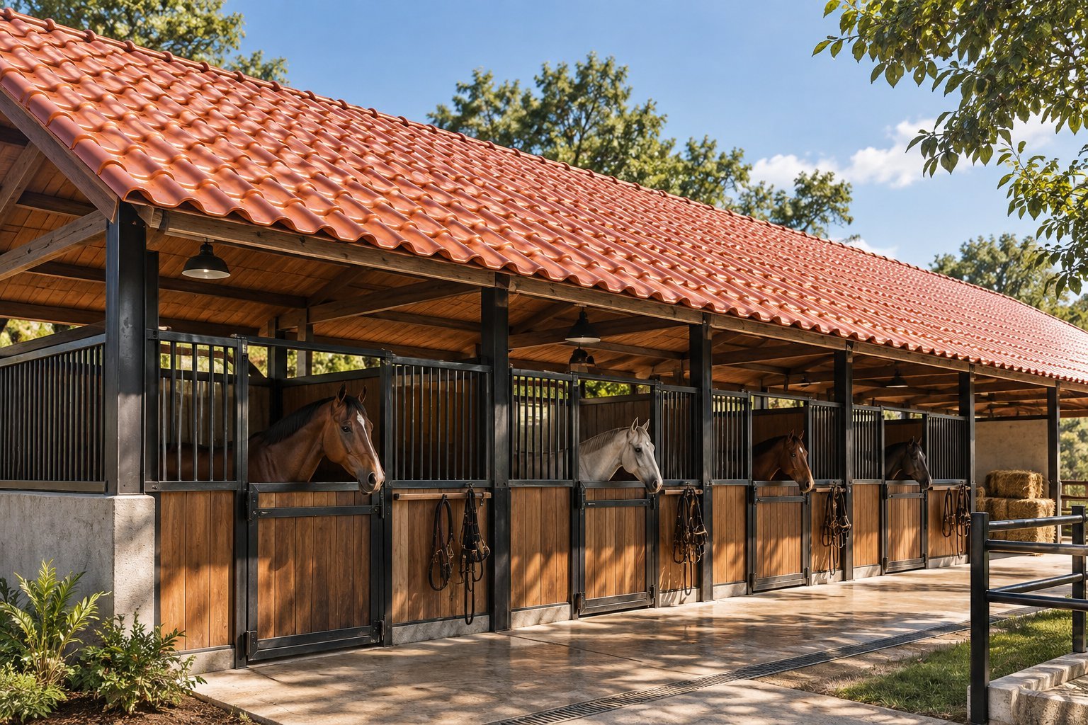 Modern horse stable facility with red tile roof, wooden stall doors, and black metal railings, surrounded by green trees and landscaping