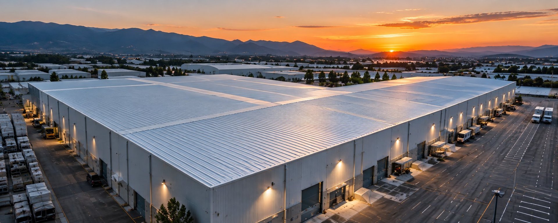 Gran nave industrial moderna con techo metálico al atardecer, rodeada de montañas y valle