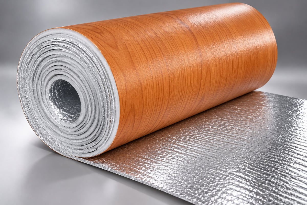 Roll of orange and silver reflective thermal insulation material with white inner core, partially unrolled on gray background
