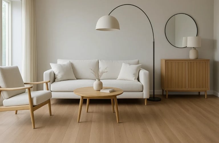 Modern living room with beige sofa, wooden coffee table, armchair, arc lamp, round mirror, and wooden dresser on hardwood flooring