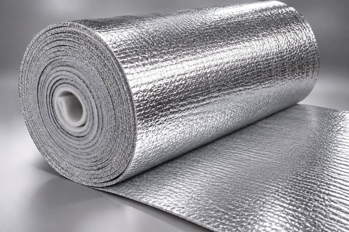 Roll of silver reflective foam insulation material with bubble wrap surface unrolled on gray background