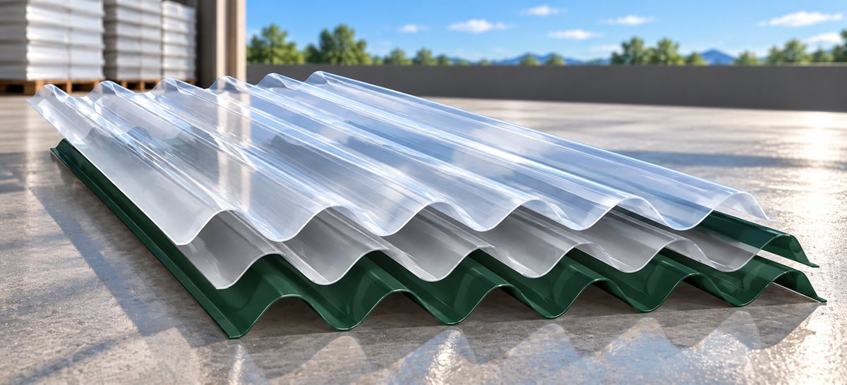 Corrugated metal roofing sheets with clear and green panels stacked on a concrete surface with urban buildings in background