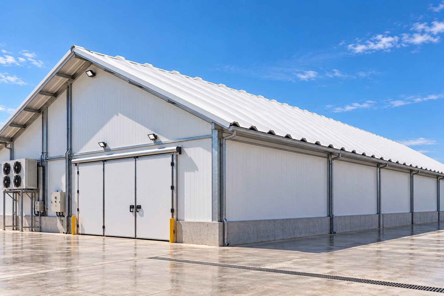 Modern industrial warehouse with white walls, metal frame, large glass doors and windows, and polished concrete floor under clear blue sky