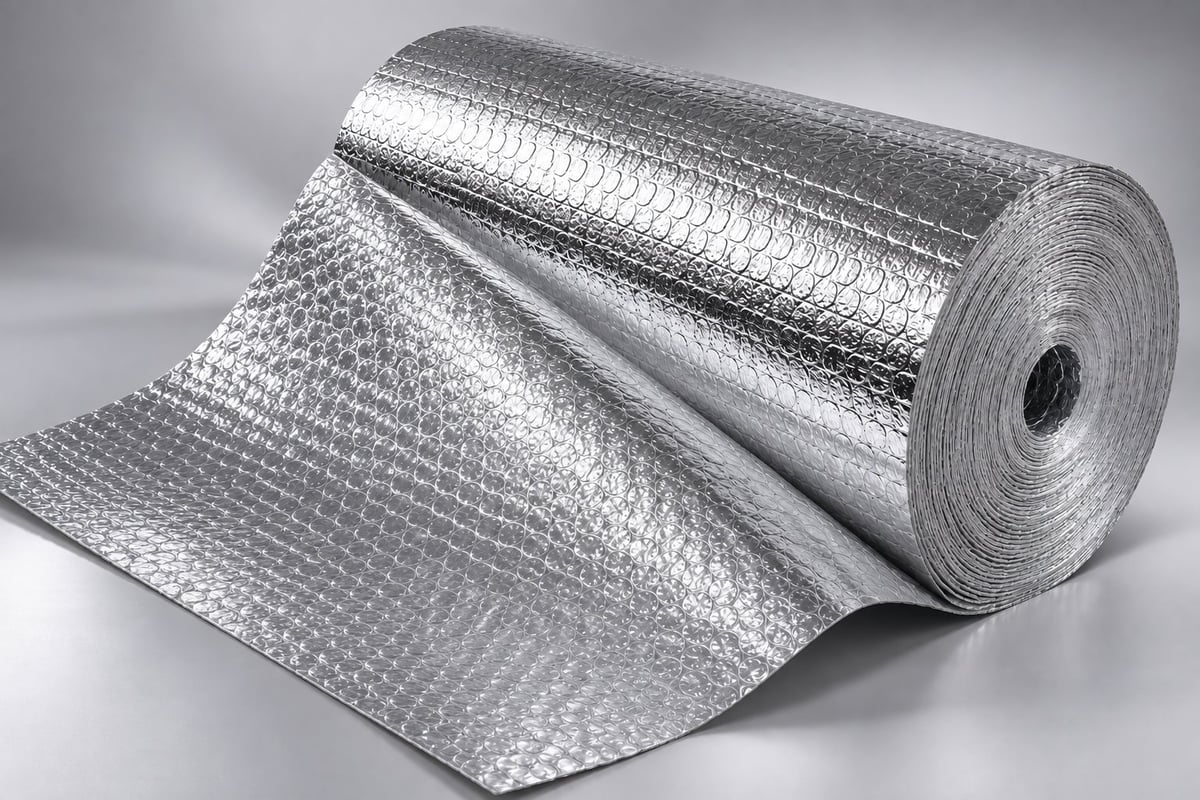 Roll of metallic bubble wrap insulation material with reflective foil backing partially unrolled