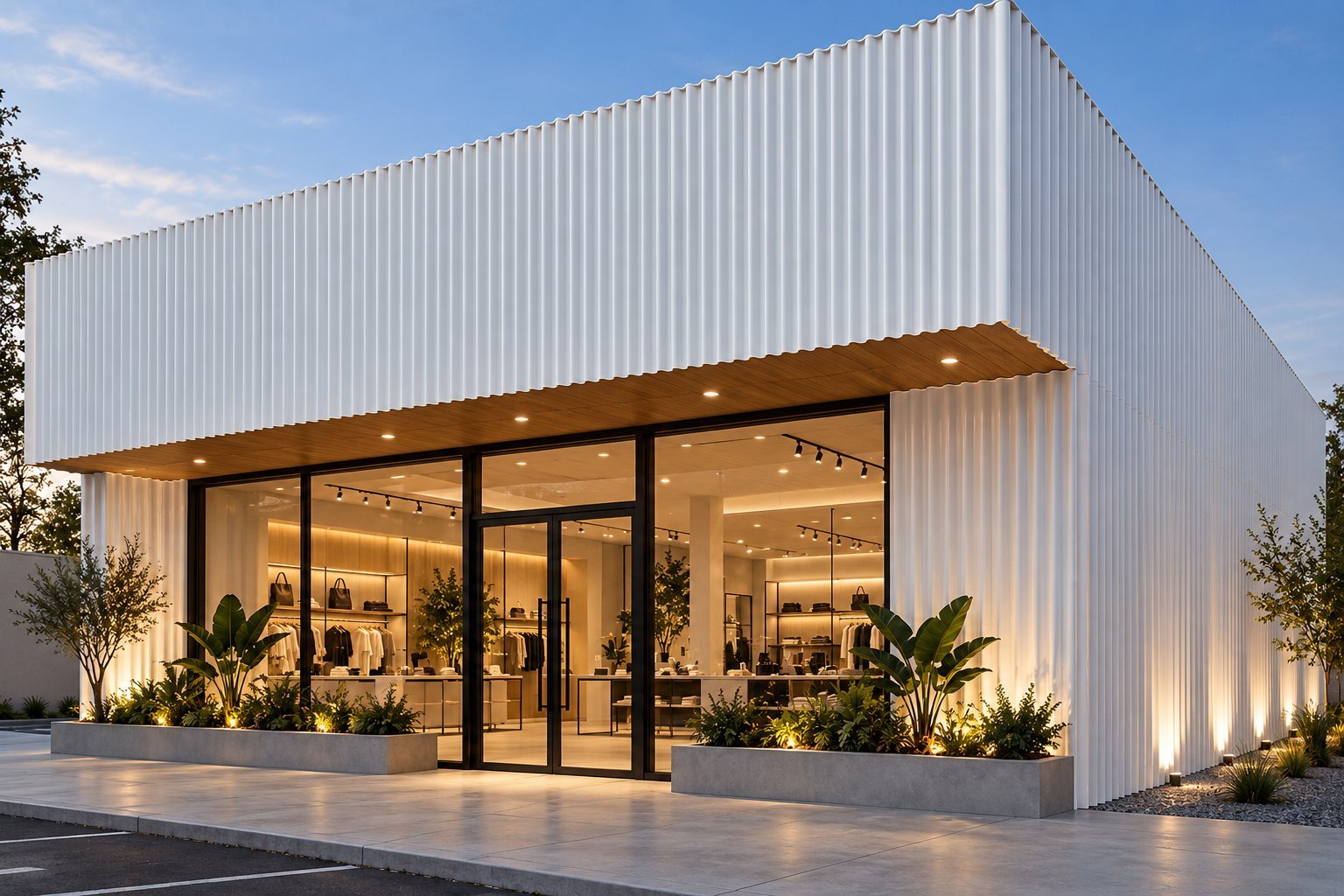 Modern minimalist retail storefront with white corrugated metal facade, large black-framed glass doors, warm interior lighting, and decorative plants at dusk