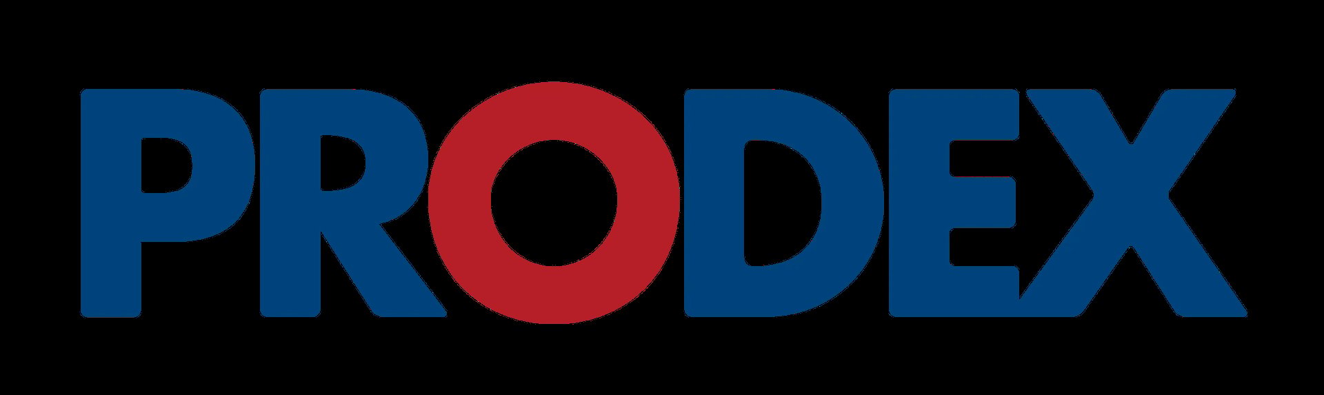 PRODEX logo with blue text and red O on black background