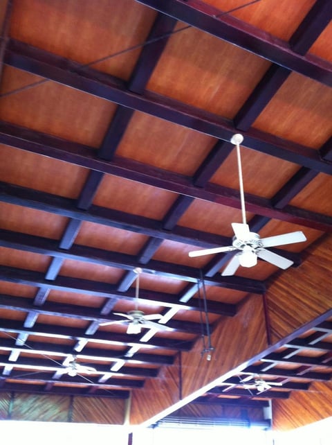 Ceiling fans suspended from wooden beams in a modern interior with warm wood paneling and metal framework
