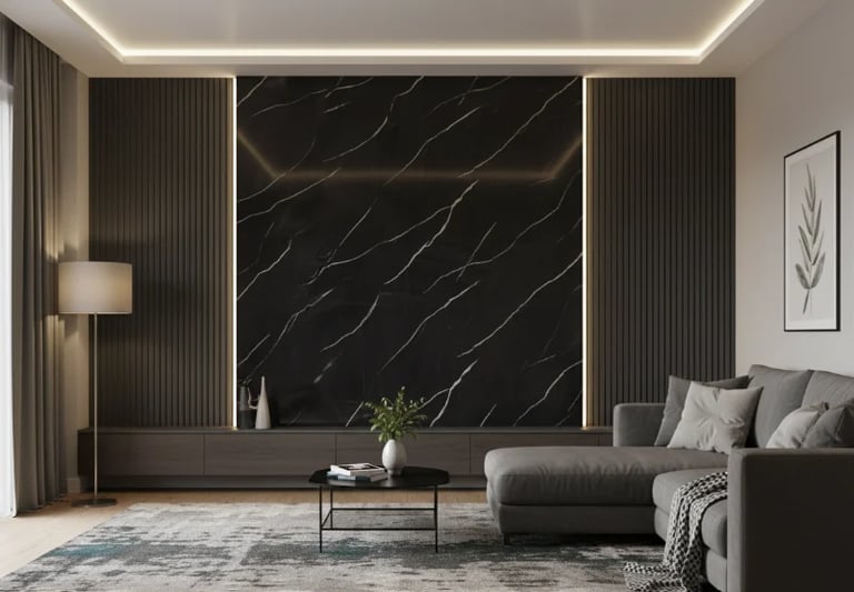 Modern living room with gray sofa, black marble accent wall, wood paneling, and minimalist decor
