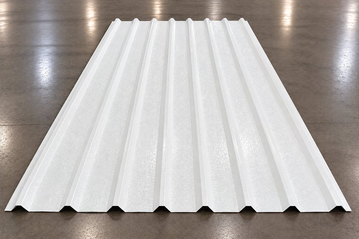 White corrugated metal roofing sheet on a concrete surface