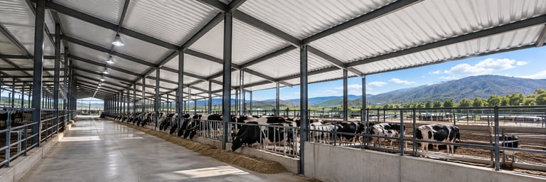 Large agricultural pavilion with cattle and horses in pens under a metal roof structure overlooking mountains