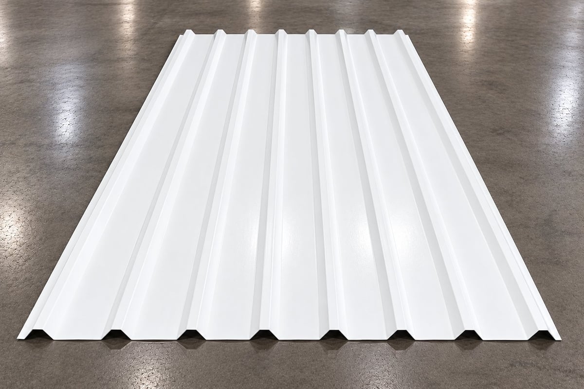 White corrugated metal roofing sheet with parallel ridges on concrete floor