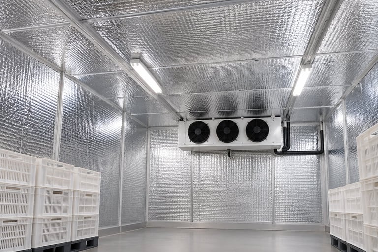 Interior of a commercial refrigeration unit with metallic walls, fluorescent lighting, and a cooling unit mounted on the ceiling