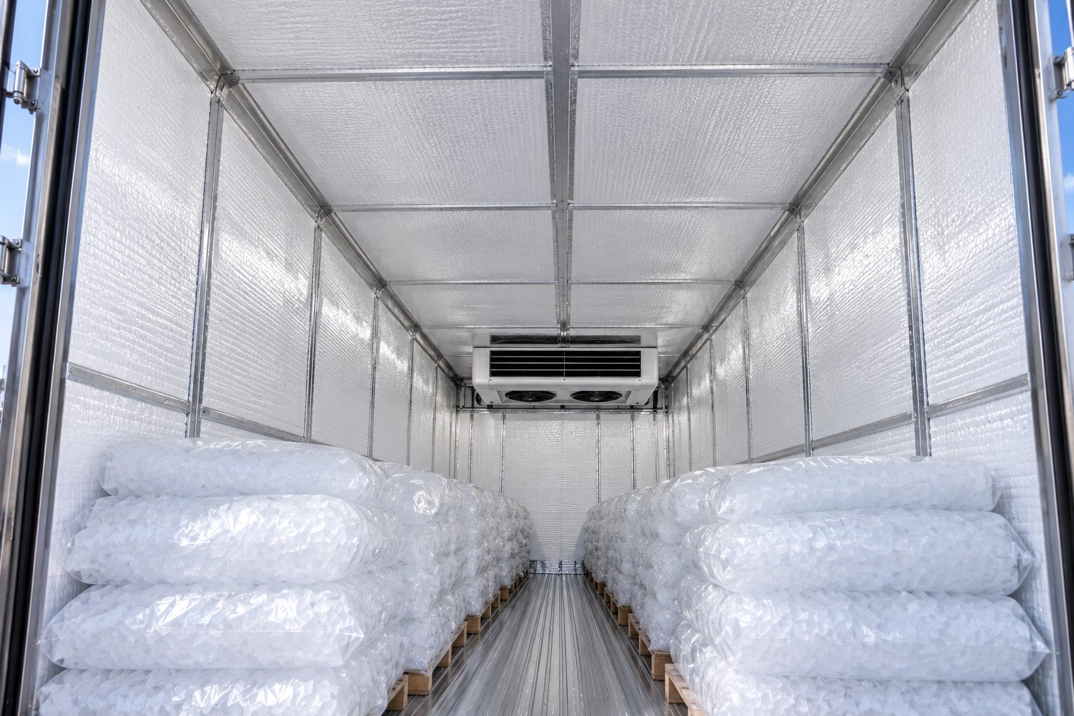 Interior of refrigerated cargo truck loaded with stacked bags of ice, showing cooling unit mounted on ceiling