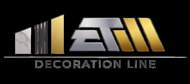 Decoration Line logo featuring abstract geometric shapes in gold and gray with the brand text below