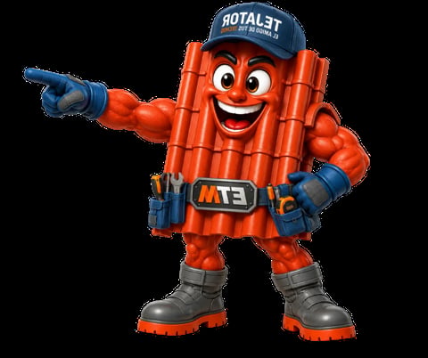 Cheerful orange cartoon character mascot resembling dynamite or TNT with a blue cap, belt, and boots, pointing enthusiastically