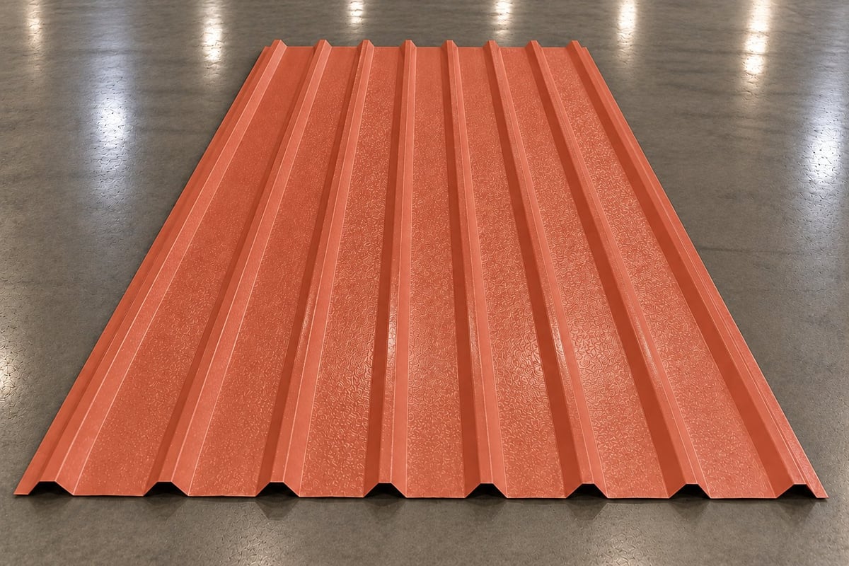 Corrugated metal roofing sheet in orange-red color on a concrete floor under fluorescent lighting