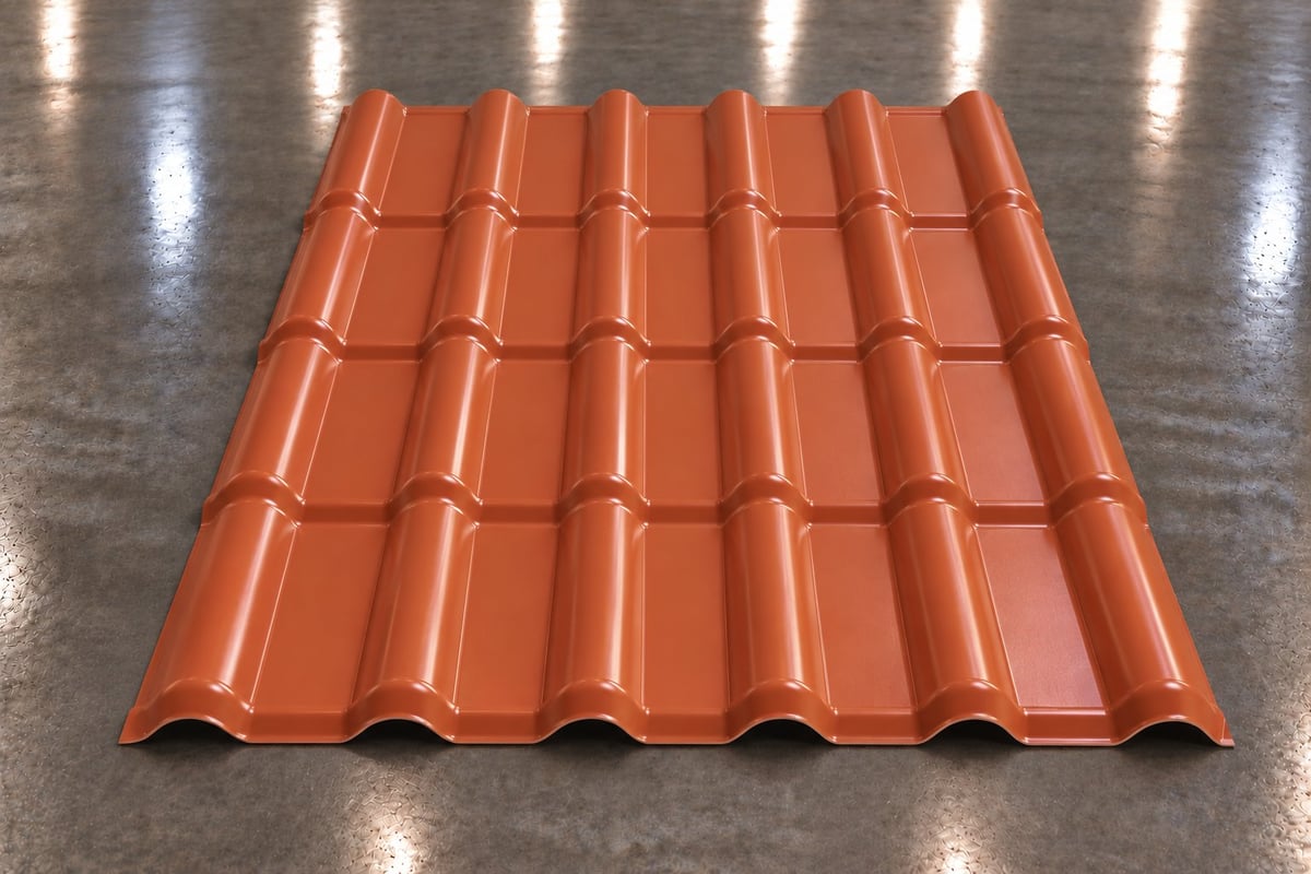 Orange corrugated metal roofing tile displayed on a shiny concrete surface