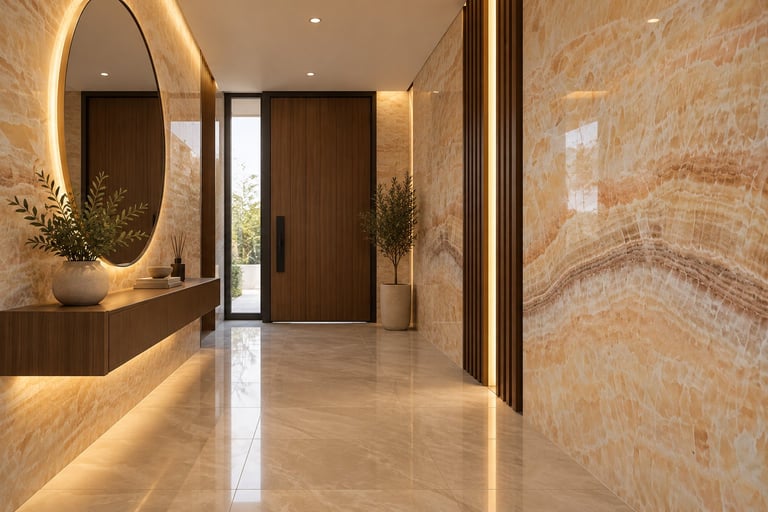 Modern luxury entryway with marble walls, round mirror with warm lighting, wooden door, polished floor, and minimalist decor