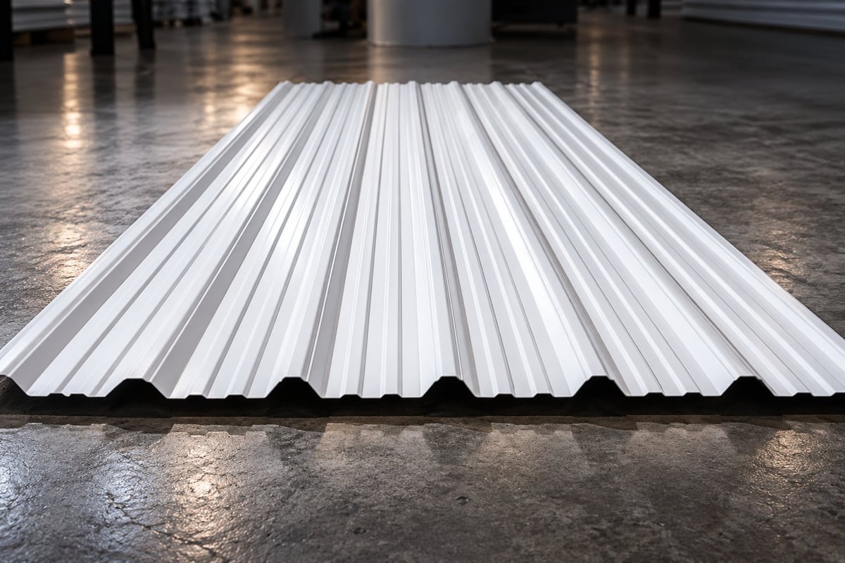White corrugated metal roofing sheet with wavy ridges lying flat on a concrete floor in an industrial setting