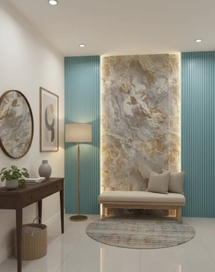 Modern interior design featuring a cream sofa against textured stone wall with blue vertical drapes, wooden console table with decor, and round area rug